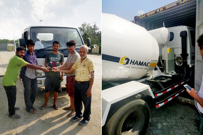 The local drivers drives the mixer trucks out of container.